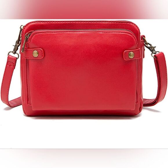 Handbags - Red Multi-Pocket Faux Leather Crossbody